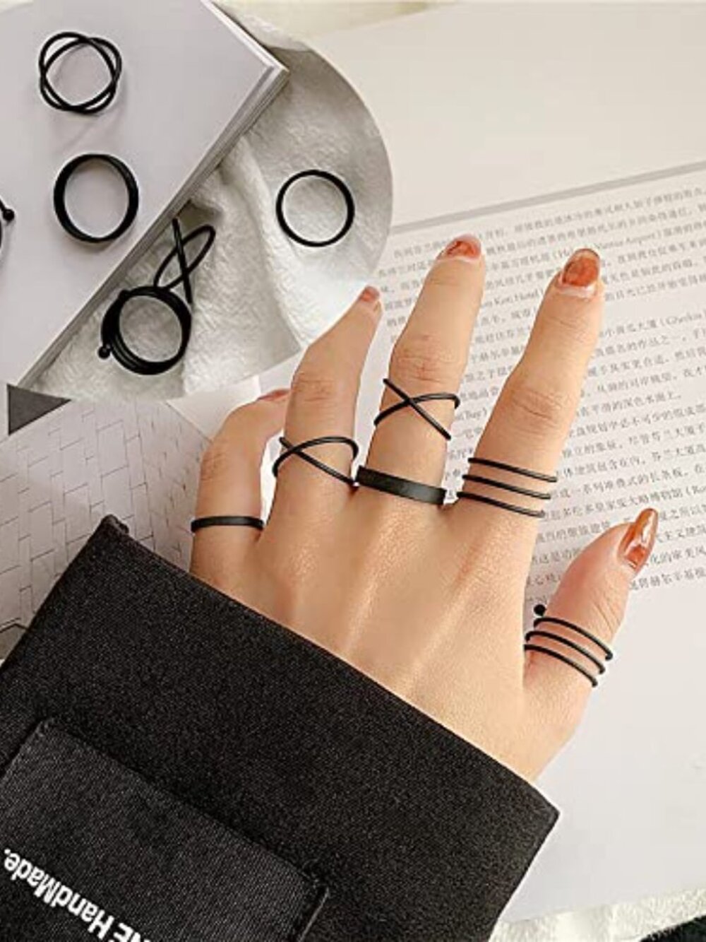 Black Knuckle Rings Set for Women Vintage Stackable Midi Rings Boho Crystal